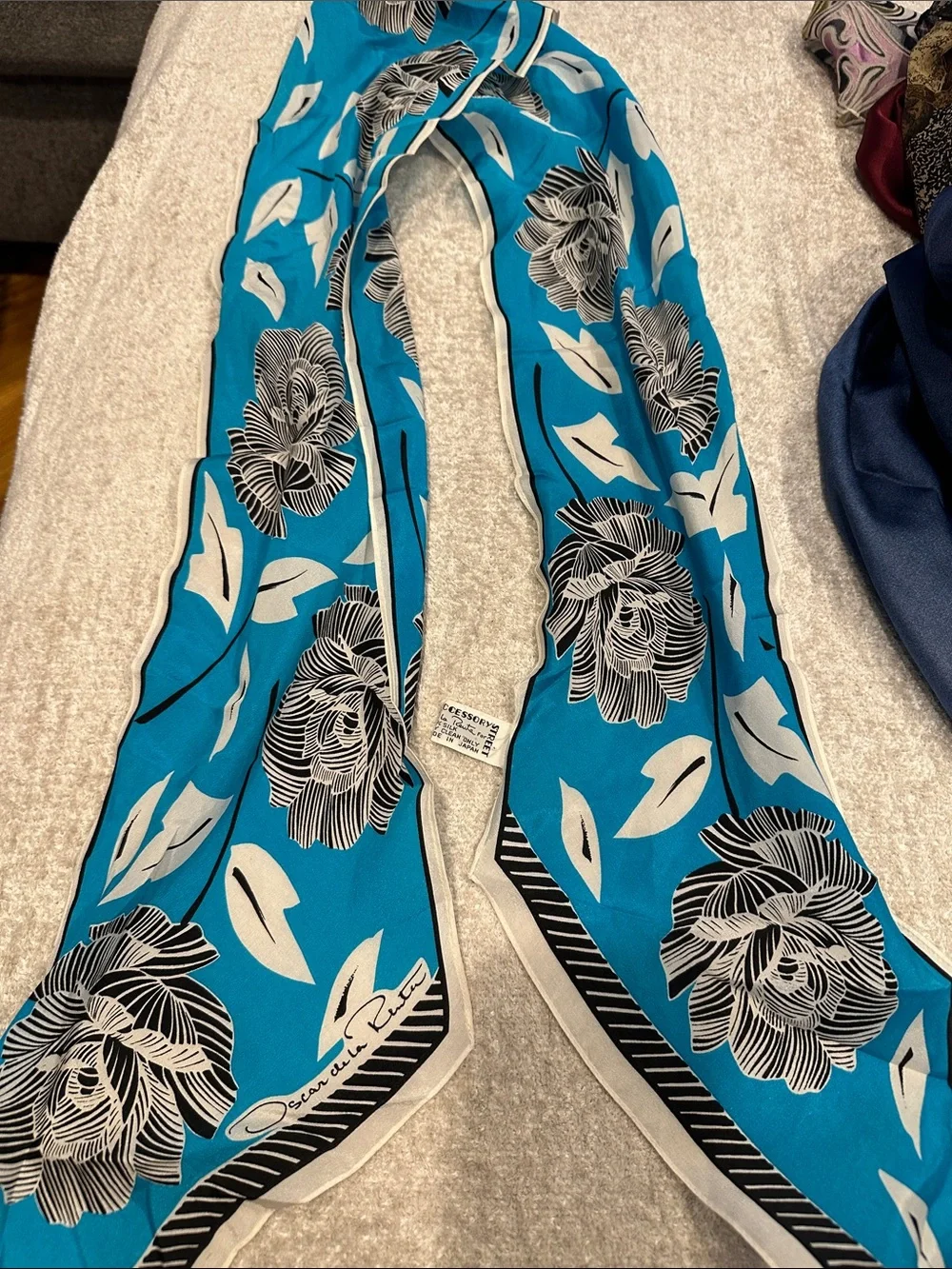 Oscar de la Renta Turquoise, Black & White Floral Silk Scarf